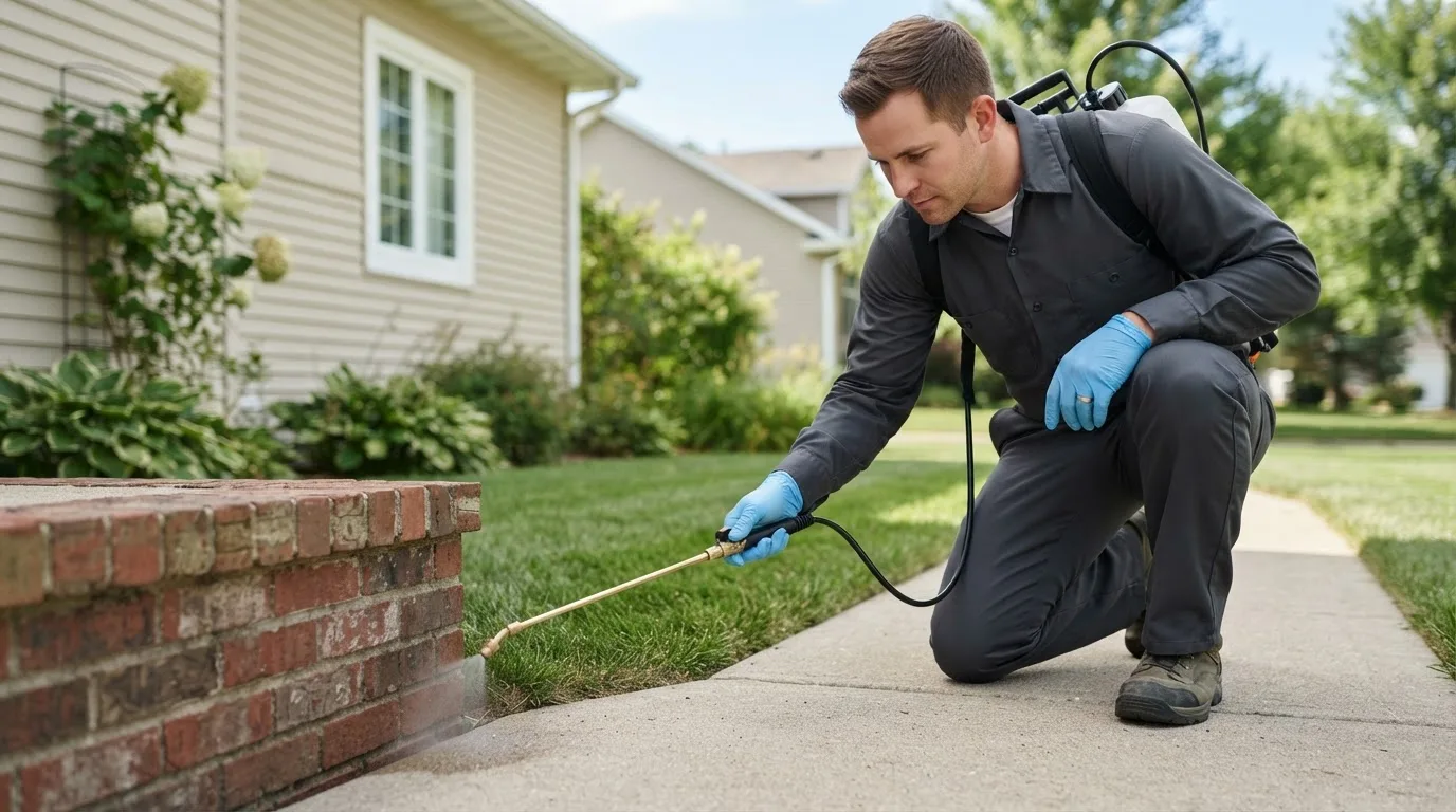 Pest control technician treating a home near Carmi, IL